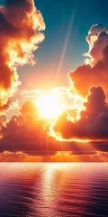 Poster - The vibrant sun casts brilliant hues across the sky, painting clouds in shades of orange and pink as it sets over the tranquil ocean waters, creating a moment of breathtaking beauty Generative AI