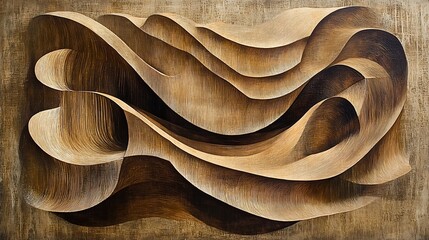 Aufkleber - Abstract wave-like sculpture with flowing curves and textures in earthy tones, evoking movement