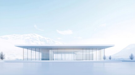 Aufkleber - 雪景色の中の現代的なガラス張りの建物 青い空と雪山を背景にした美しい風景