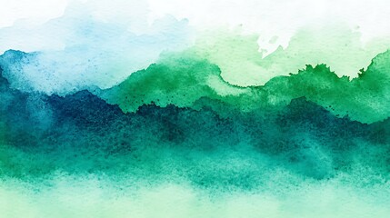 Poster - Serene watercolor landscape depicting layered mountains in shades of green and blue, evoking tranquility