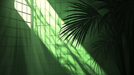 Poster - Sunlight streaming through a green-tiled bathroom window, casting shadows on a palm plant
