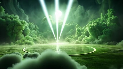 Poster - Green World A Celestial Dance of Light and Mist in an Enchanting Realm