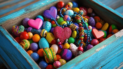 Aufkleber - Close-up of vibrant artisan beads and hearts in vintage-style jewelry box