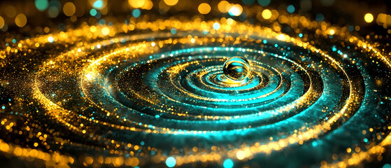 Aufkleber - Vibrant water droplet creating ripples amidst shimmering golden and turquoise lights in a serene setting