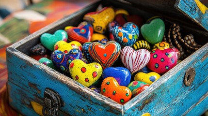 Aufkleber - Close-up of vibrant artisan beads and hearts in vintage-style jewelry box