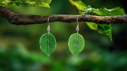 Poster - Close-up of polymer clay earrings shaped like leaves, displayed on a textured branch among softly blurred foliage