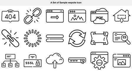 Various outline icon styles symbolize website errors, connections, loading, settings, security, and content