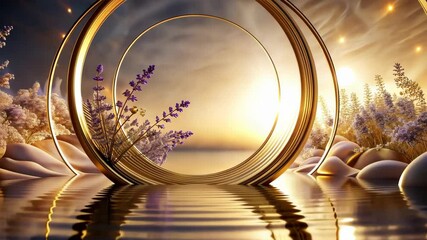 Aufkleber - Golden rings portal to a tranquil sunset paradise with lavender and smooth stones