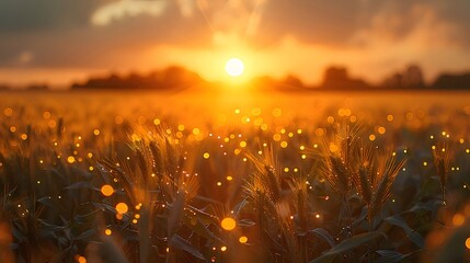 Aufkleber - 夕焼けの太陽が黄金色の麦畑を照らす自然風景 暖かく輝く光と静寂の美しい情景