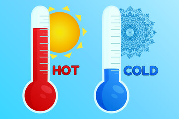 set of red and blue temperature thermometers showing weather like summer heat and winter cold, sun a