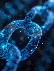 Aufkleber - 青い光で輝く抽象的なブロックチェーンの鎖状接続と背景の点灯デジタルデータの概念