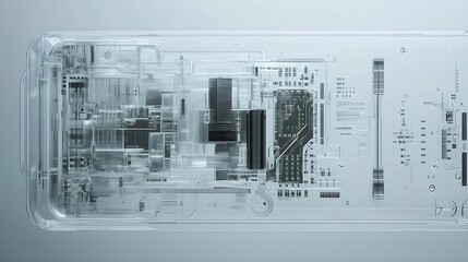 Aufkleber - 透明な電子機器の回路と複雑な内部構造を抽象的に表現した3Dイラスト 青色の背景に光が当たり未来的なデザイン