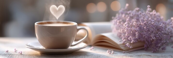 Aufkleber - Morning warmth with a heart-shaped steam from a teacup beside a book and a bouquet
