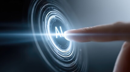 Poster - Close up of a human finger touching glowing AI symbol on a digital interface in a futuristic setting