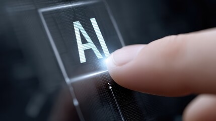 Poster - Touching the glowing AI symbol on a digital interface with a human finger