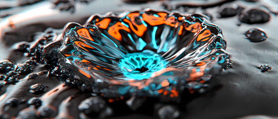 Poster - Close-up of a vibrant water splash creating intricate patterns against a dark background