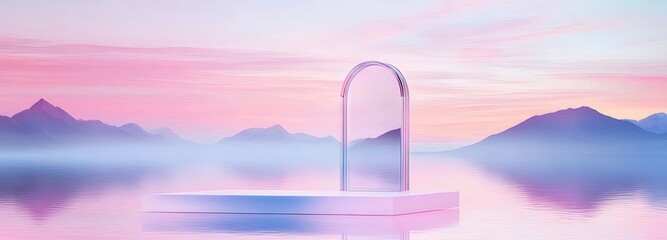Aufkleber - 水面に映る幻想的なピンクと青の夕焼け空の風景透明な幾何学的構造