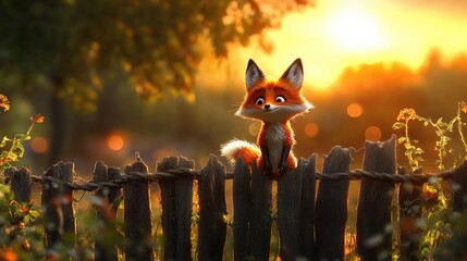 Poster - A mischievous fox with perked ears and twitching nose watches from a fence, forest aglow behind