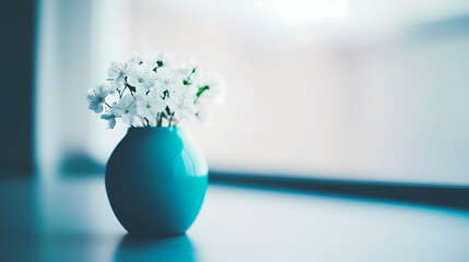Poster - A serene blue vase filled with delicate white flowers, placed on a table near a softly lit window
