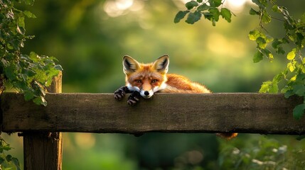 Poster - A curious fox rests on a fence rail, eyes sharp, tail curled, plotting a sneaky adventure