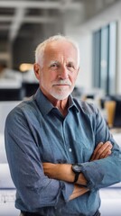 Poster - Senior male engineer poses with arms crossed in a contemporary workspace filled with blueprints and design plans