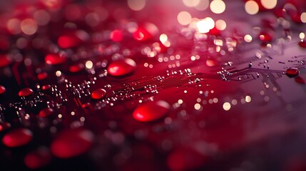 Aufkleber - Close-up of a circuit board with droplets reflecting light, creating a vibrant red aesthetic