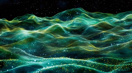 Poster - 抽象的な緑と黄色の輝く粒子が宇宙背景に波打つデジタルアート