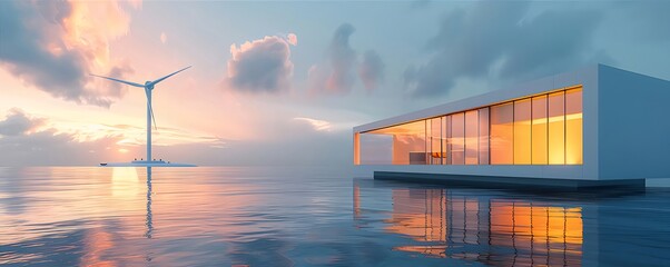 Poster - 夕焼けの海に佇むモダン建築と風力タービン 水面に映るオレンジ色の光と空のグラデーション
