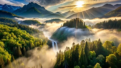 Poster - Misty Mountain Waterfall Sunrise in a Lush Green Forest