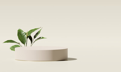 Fototapete - Brown cylindrical product stand with green santi lily plant on brown background. 3D rendering