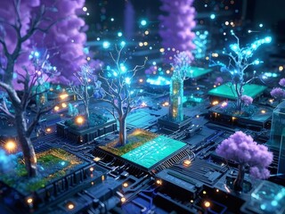 Poster - 回路基板上に咲く紫色の桜のような幻想的なデジタルアート 輝く光と未来的な風景