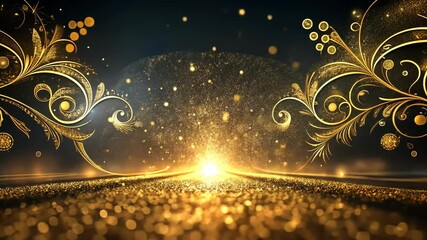 Aufkleber - Golden Glitter Dust and Floral Swirls on a Dark Background