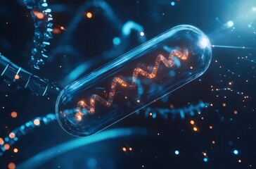 Aufkleber - 青色とオレンジ色の光で照らされた細胞内のDNA構造のクローズアップビュー