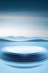 Poster - 青い水面と山々のパノラマ風景に浮かぶ円形の構造 光と影が織りなす静寂と神秘的な自然の抽象的背景