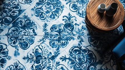 Aufkleber - Elegant blue and white patterned tiles adorn a cozy living space with wooden decor and ceramics