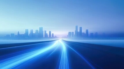 Aufkleber - 青い光の道が都市へと続く未来的な風景 夜空の摩天楼と光の線が印象的