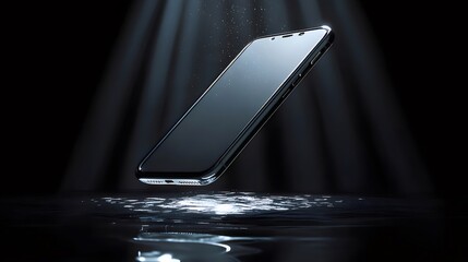 Poster - 暗闇の中に浮かぶスマートフォン 光と影のコントラスト 黒色のデバイス モダンデザイン