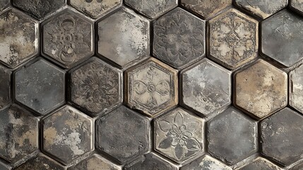 Aufkleber - Close-up view of intricately designed hexagonal tiles showcasing various patterns and textures