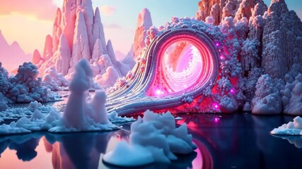Poster - A swirling pink portal to another dimension nestled in a frosty wonderland