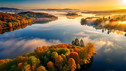 Poster - Golden Sunrise Over a Serene Lake and Lush Autumn Forest Island