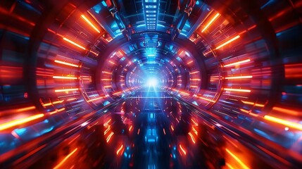 Poster - 青とオレンジのネオンライトが輝く未来的なトンネルの奥行きある視点