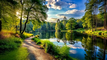 Poster - Tranquil Lakeside Path A Serene Nature Escape with Lush Greenery and Reflective Waters