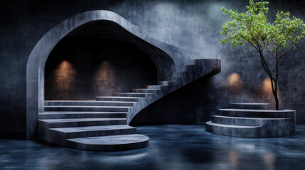 Poster - Minimalist architectural scene features smooth, curved staircase in dark, modern interior with single tree adding touch of nature. lighting creates serene atmosphere