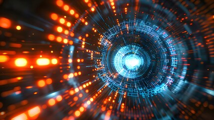 Aufkleber - 未来的なデザインの青とオレンジの光が輝く幾何学的構造のトンネル