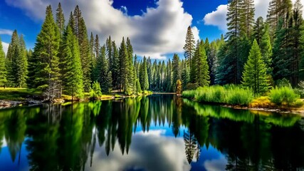 Poster - Tranquil evergreen forest reflected in the glassy water of a serene lake