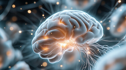Poster - A conceptual visualization of Artificial General Intelligence (AGI) interconnecting lines ,surrounded by anatomically  human brains,connected to the central AI hub,  neural networks.