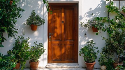 Poster - A rustic wooden door stands at the center of a vibrant garden, framed by lush greenery and potted plants. Sunlight filters through leaves, adding warmth and charm to this inviting entryway