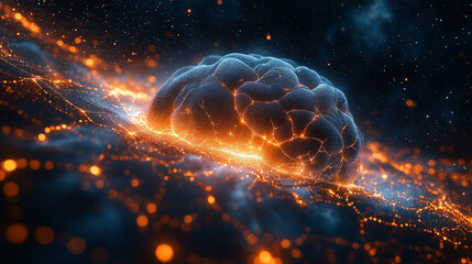 Poster - A conceptual visualization of Artificial General Intelligence (AGI) interconnecting lines ,surrounded by anatomically  human brains,connected to the central AI hub,  neural networks.