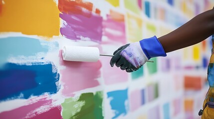 Aufkleber - A person painting a colorful wall with a roller, showcasing vibrant hues in a creative workspace