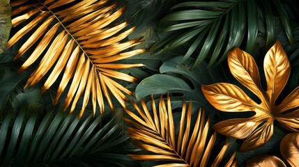Poster - Vibrant green tropical leaves mixed with striking golden foliage create a lively, exotic ambiance in a carefully arranged indoor display, showcasing nature's beauty